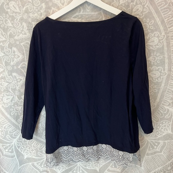 TALBOTS NAVY BLUE EUC COTTON JERSEY KNIT LONG SLEEVE TOP BLOUSE CUTOUT LACE TRIM - Picture 7 of 12